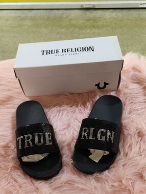 True Religion Black Crystal-Embellished Slide Sandals